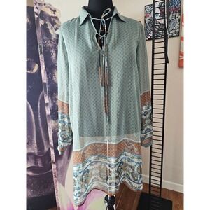 Mango Suit Sheer Tunic Shirt Dress Boho Floral Paisley Print Size 10 US